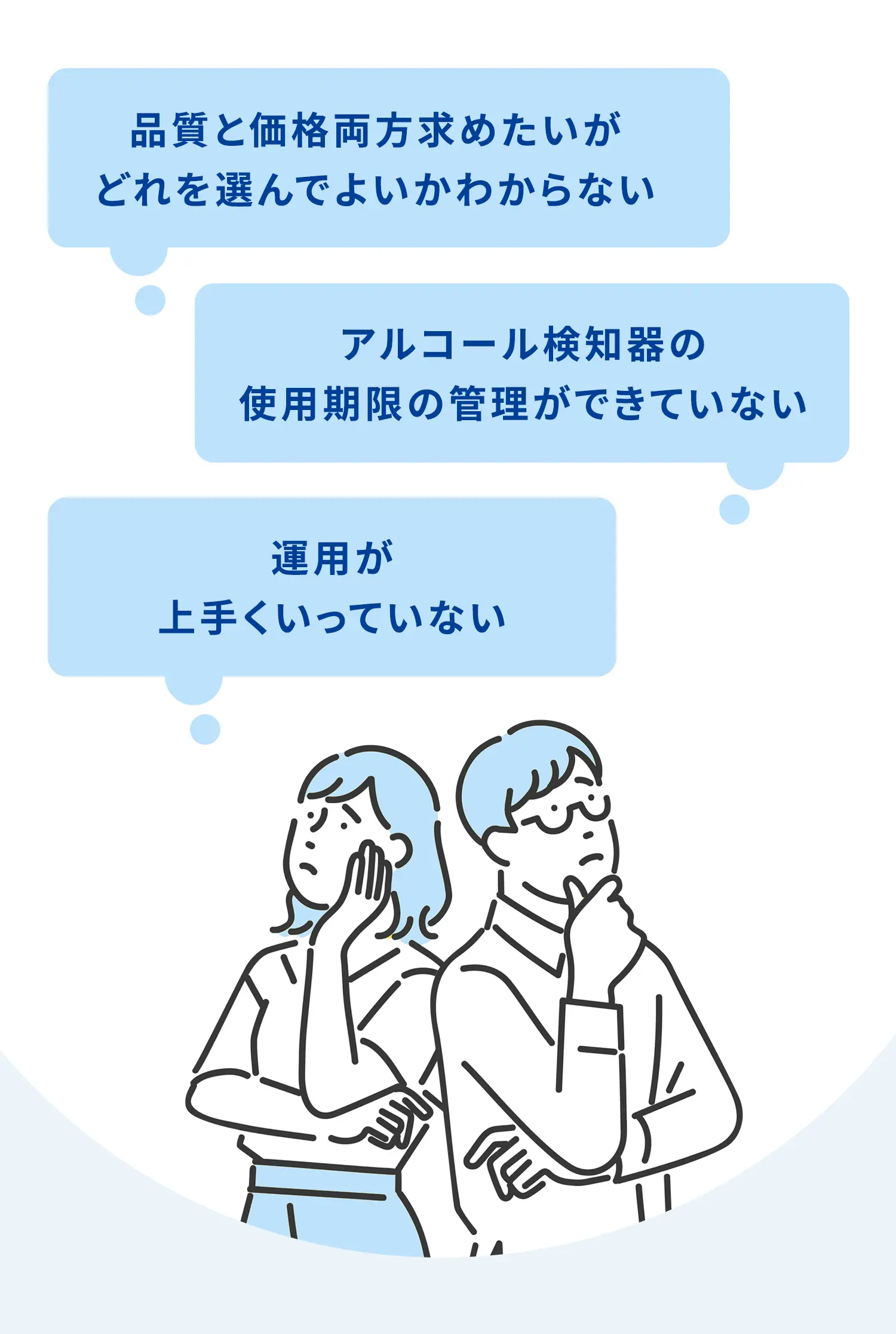 品質と価格両方求めたいがどれを選んでよいかわからない アルコール検知器の使用期限の管理ができていない 運用設計までの最適化が上手くいっていない