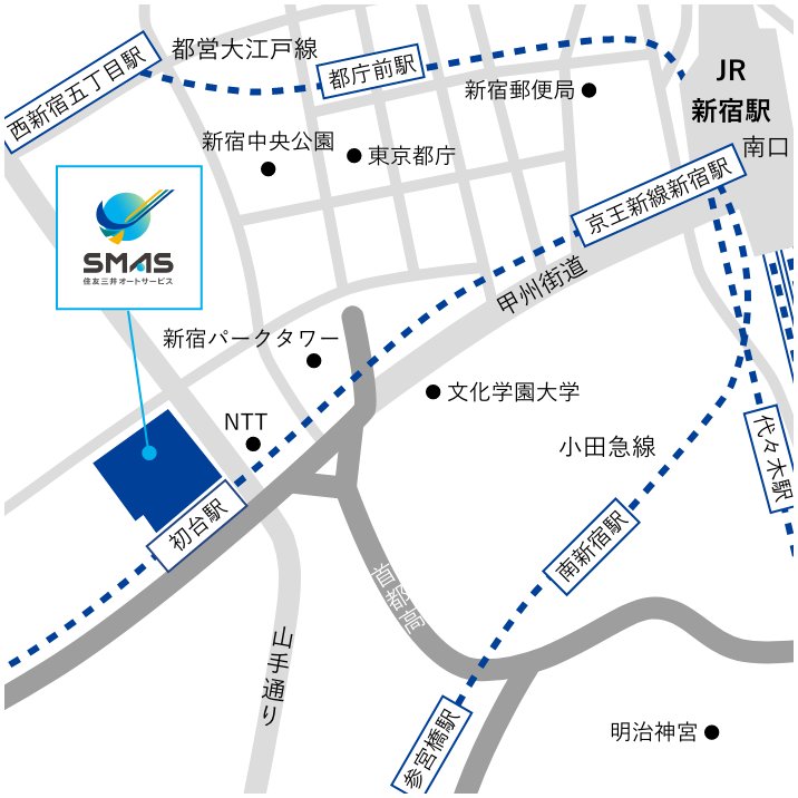 新宿駅から京王新線にて初台駅下車。東口より徒歩2分（駅直結）の説明図